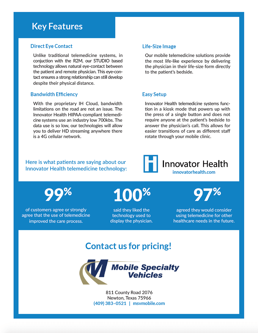 Back of flyer with details about the features of the Rounder 2 Mobile and telemedicine products Innovator Health offers