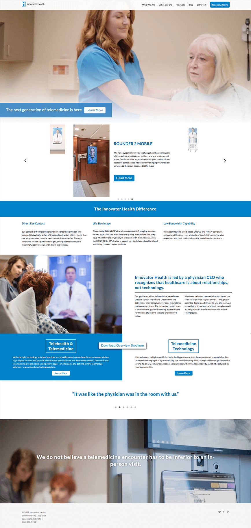 Full Innovator Health homepage layout with blue headers showing large video background of product and custom slider telling about each product