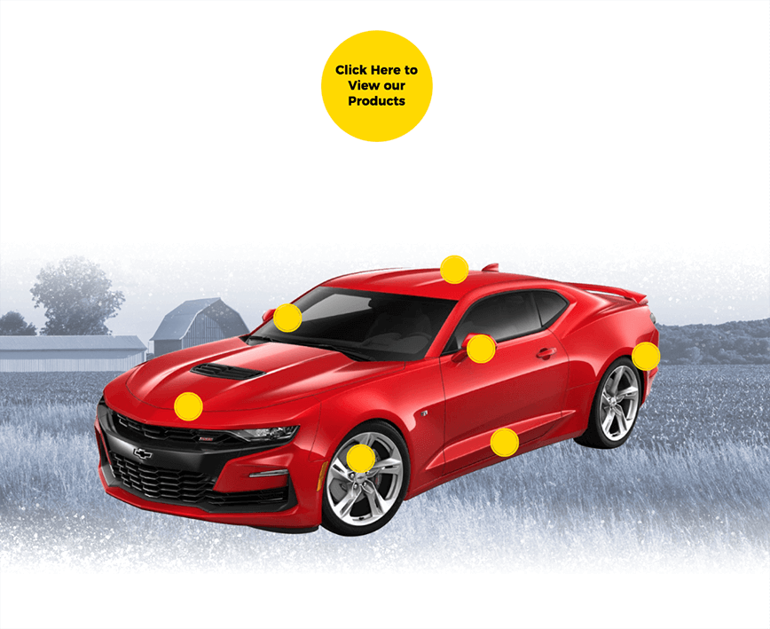 Red Chevy Camaro and product button with farmland and barn background image