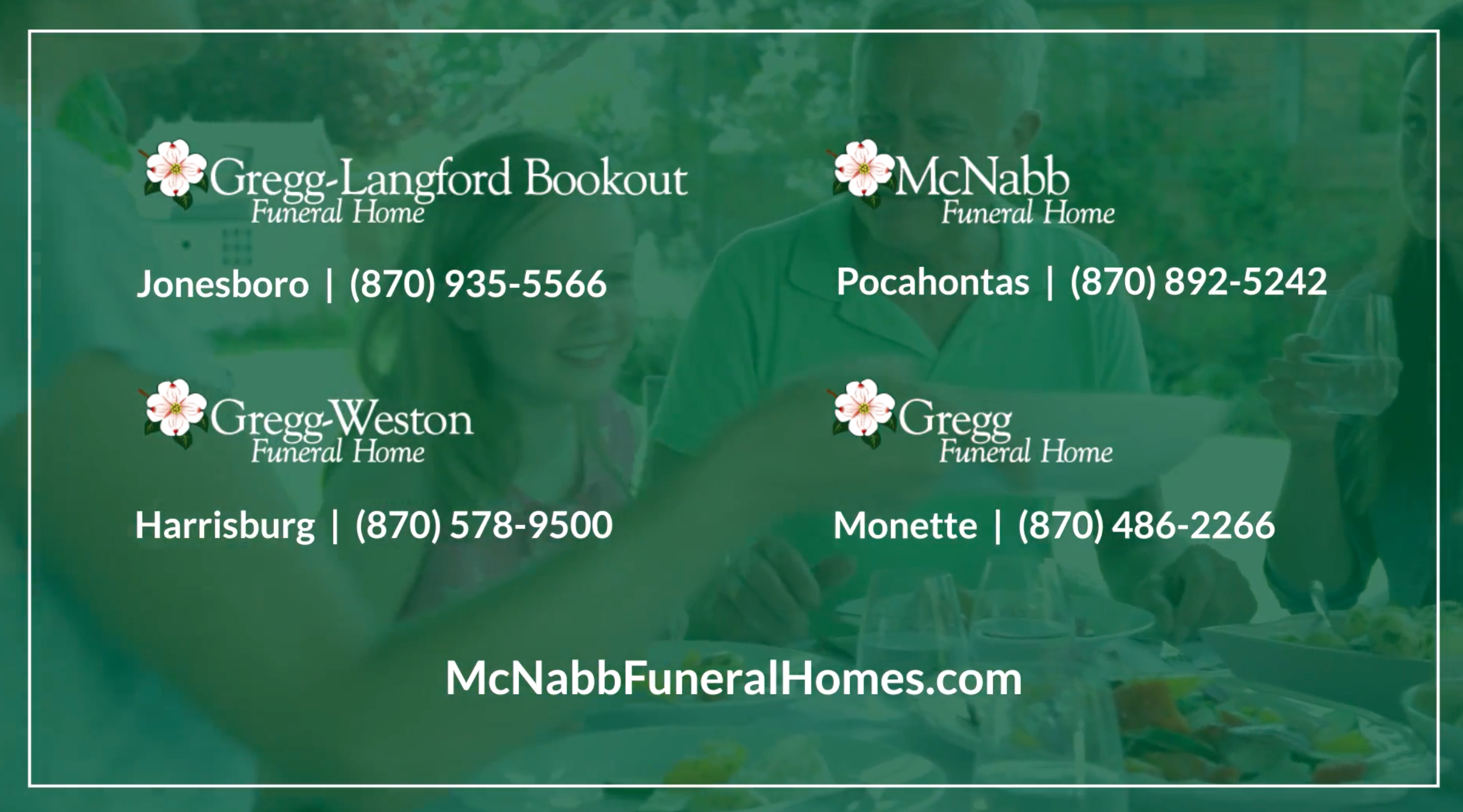green overlay on image of family with mcnabb locations listed on top 